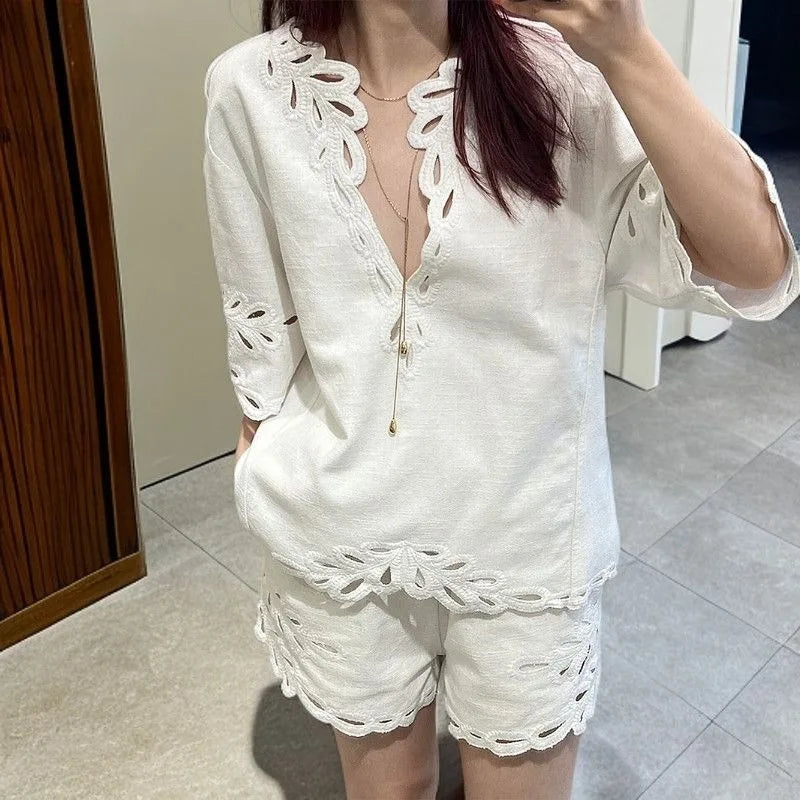 White women's summer fashion crochet jumpsuit by Corporación Turística, featuring a stylish, breathable design.