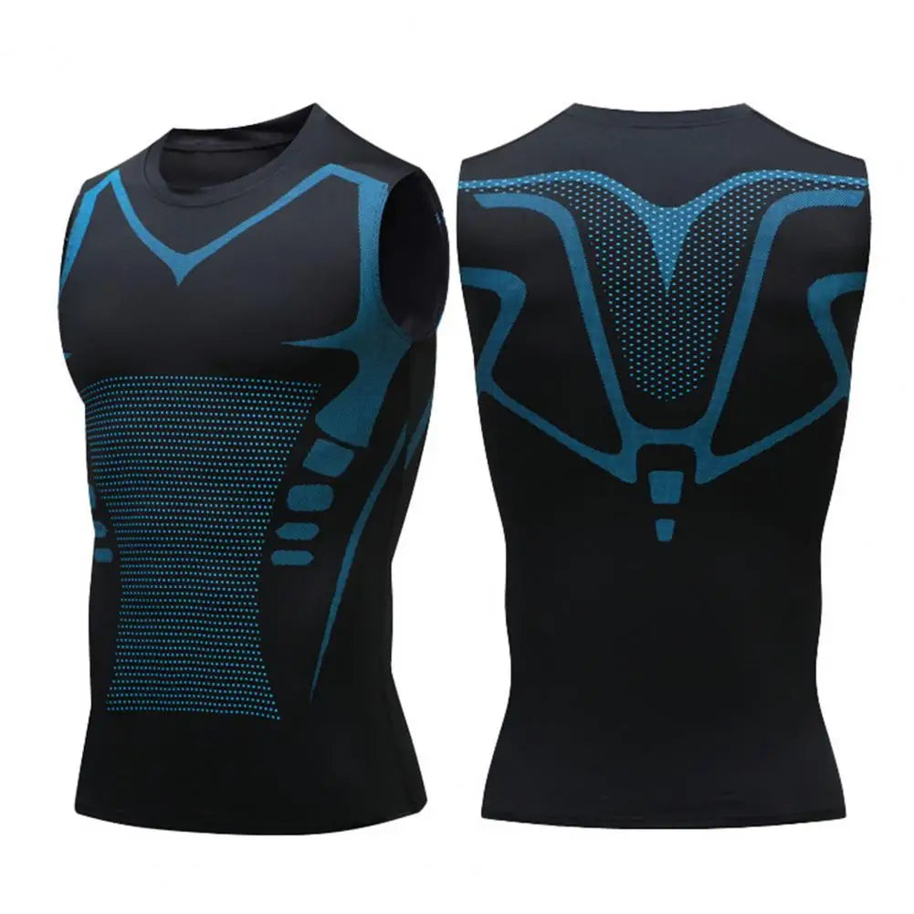 White men's compression sleeveless shirt by Corporación Turística, front view showing snug fit and breathable fabric.