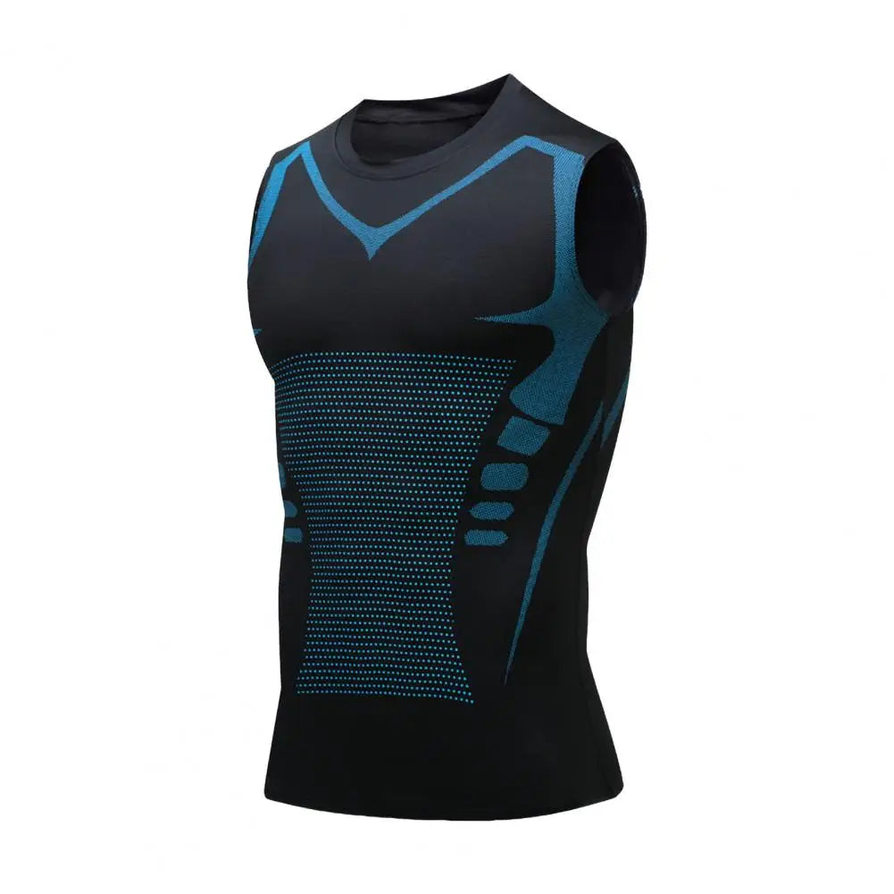 White men's compression sleeveless shirt by Corporación Turística, close-up showing fabric texture and fit.