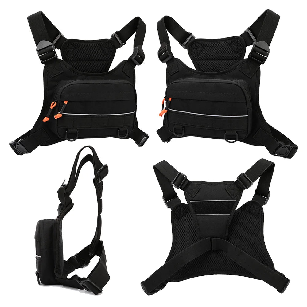 Tactical men's chest bag with front panel from Corporación Turística, featuring multiple compartments and durable design.