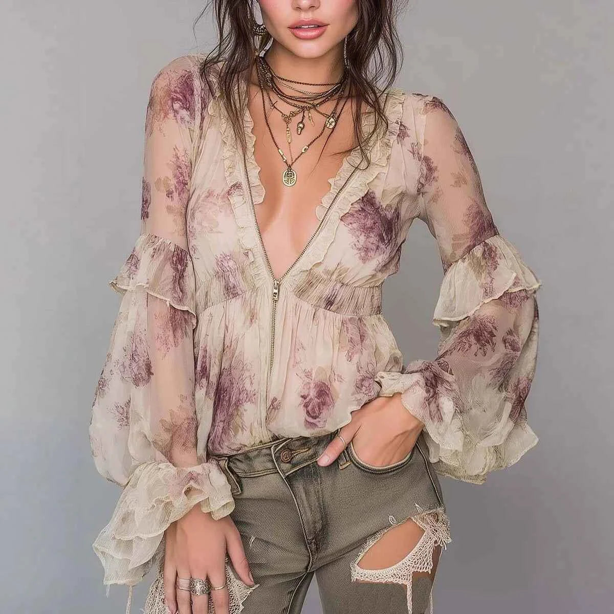 Beige vintage women's floral print T-shirt with a round neckline, featuring colorful floral patterns from Corporación Turística.