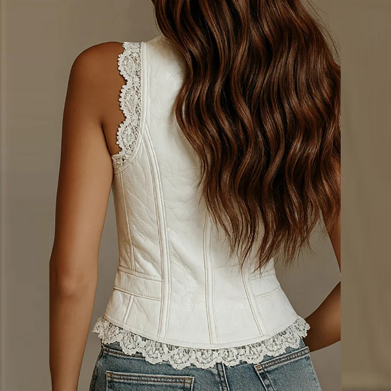 White sleeveless vest with deep V-neck and button details, from Corporación Turística, displayed on a plain background.