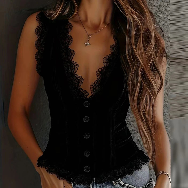 White sleeveless vest with deep V-neck and button details, designed by Corporación Turística.