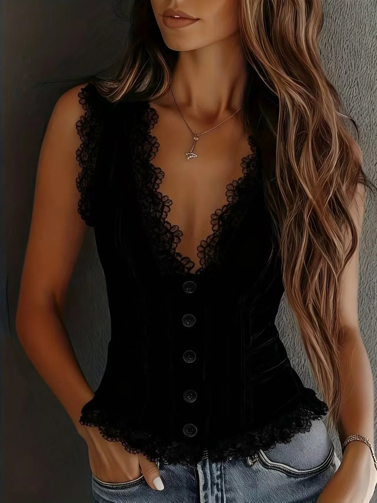 White sleeveless vest with deep V-neck and button details, by Corporación Turística.