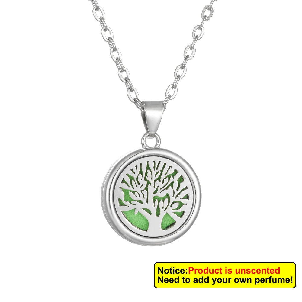 Aromatherapy diffuser necklace featuring a floral tree of life design by Corporación Turística, made of metal with a pendant shape.