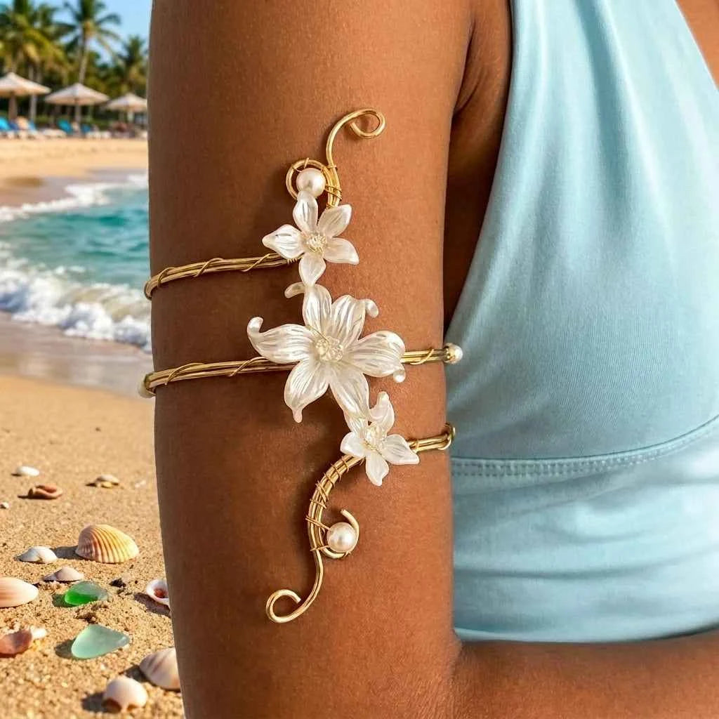Elegant open bracelet with white flower design, boho style jewelry from Corporación Turística, perfect for casual or stylish wear.