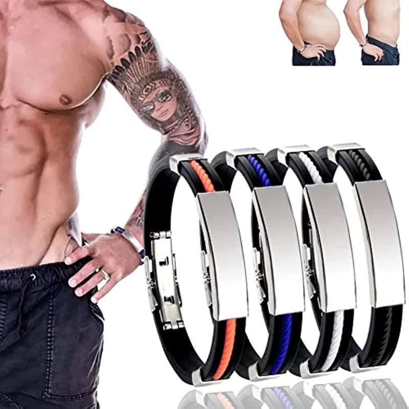 Magnetic detox lymphatic drainage bracelet by Corporación Turística, showing a close-up of the black silicone band with metal accents.