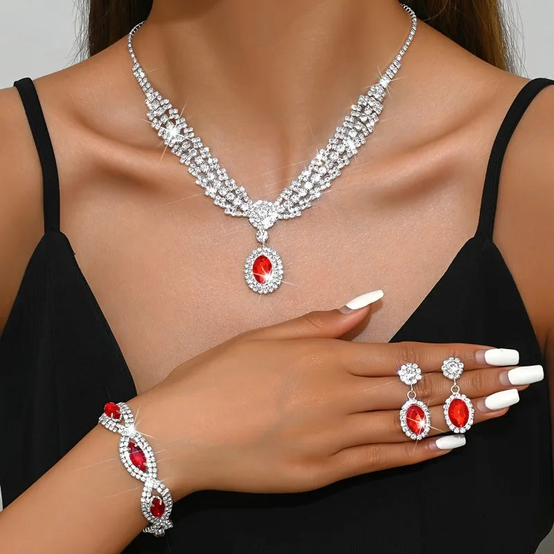 Elegant bridal jewelry set with necklace and earrings from Corporación Turística featuring intricate design and sparkling accents.