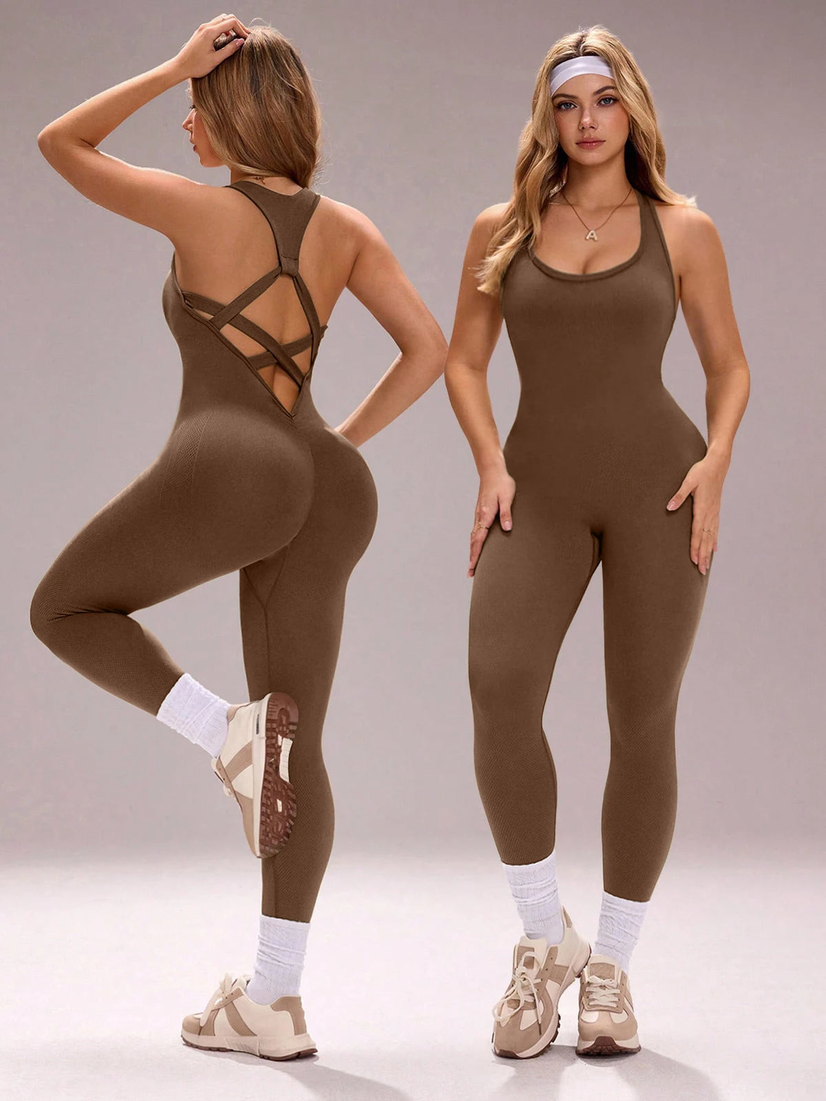 Seamless yoga romper with crossed back and sleeveless design by Corporación Turística, shown on a model for activewear style.