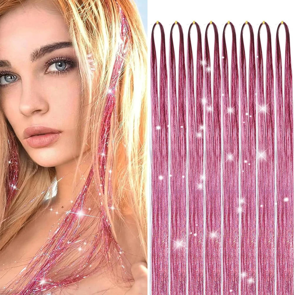 24-inch gold tinsel hair extensions kit with six pieces, shiny and festive, perfect for adding sparkle to hairstyles.