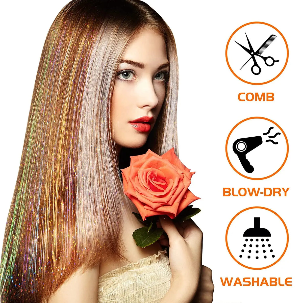 24-inch gold tinsel hair extensions kit with six pieces, shiny and festive, from Corporación Turística.