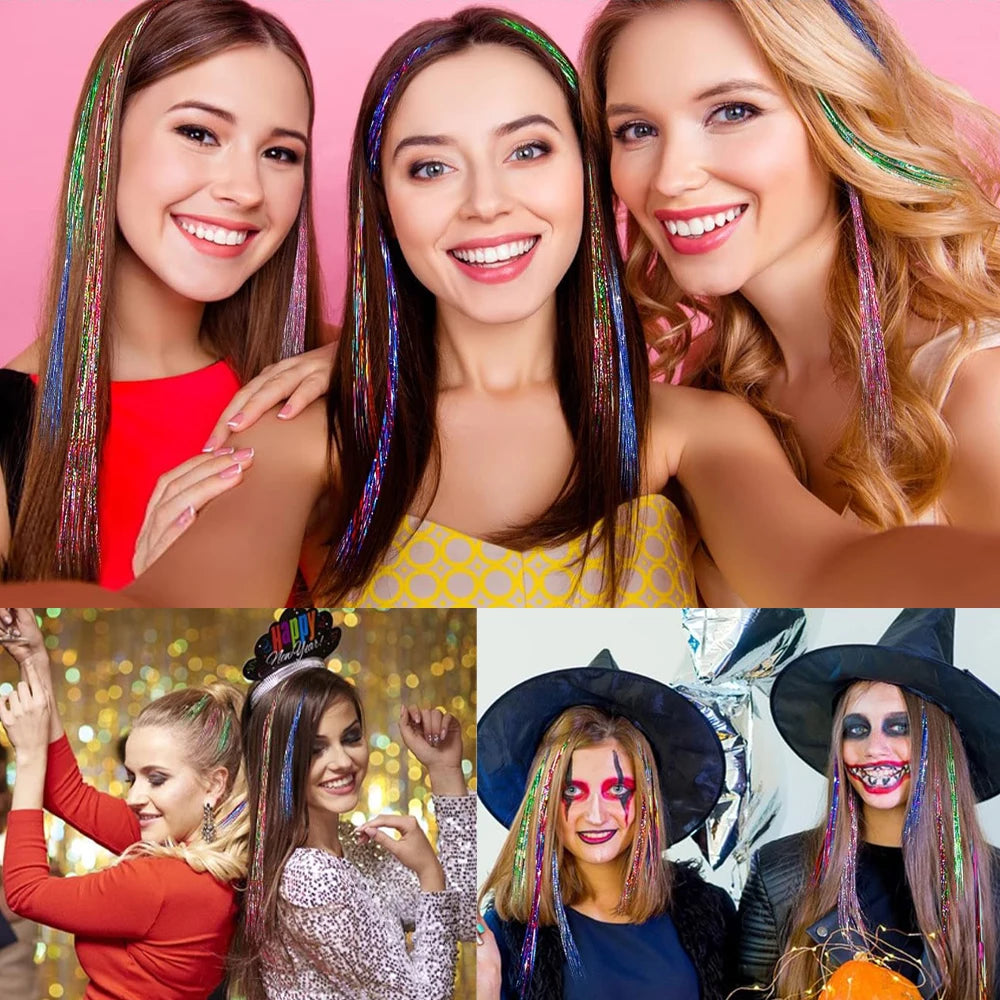 24-inch gold tinsel hair extensions kit with 6 pieces, shiny metallic hair extensions from Corporación Turística.