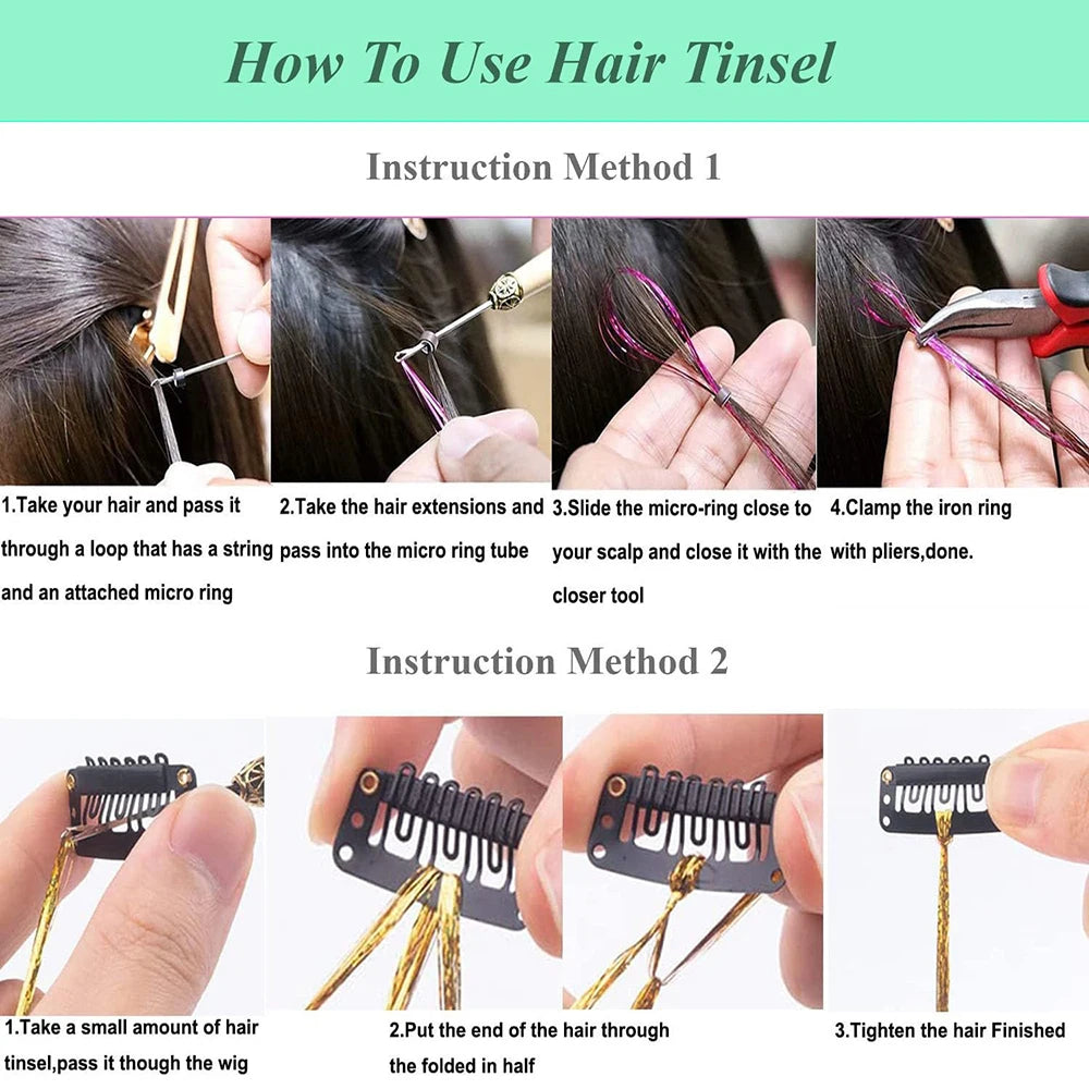 24-inch gold tinsel hair extensions kit with six pieces, shiny metallic strands for festive or decorative hairstyles.