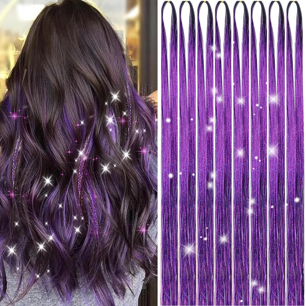 24-inch gold glitter hair extensions kit with six pieces, shiny and festive synthetic hair extensions for styling.