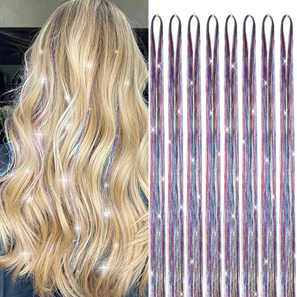 24-inch gold glitter hair extensions kit with six pieces, shiny metallic synthetic hair for costumes or special occasions.