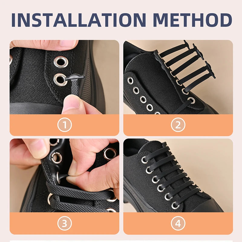 Black silicone shoelaces by COSYLEE, 16 pairs of elastic no-tie cordones for comfortable, easy-to-wear footwear accessories.