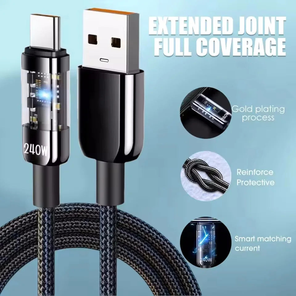 DAINU USB C 240W nylon cable for fast charging, 1 meter, black, with LED indicator, suitable for electronic devices.