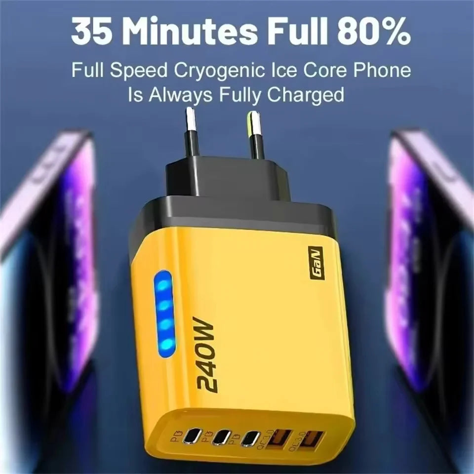 DIXSG GaN 240W 5-in-1 fast wall charger with USB-C PD 3.1, yellow electronic accessory for quick device charging.