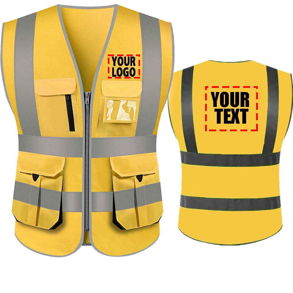 High-visibility yellow and black DOBYYUNZHEN ANSI Class 2 safety vest with personalized logo and reflective strips.