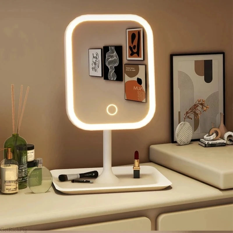 Doublechin LED touch makeup mirror with 3 adjustable light tones, white finish, suitable for vanity and home decor.