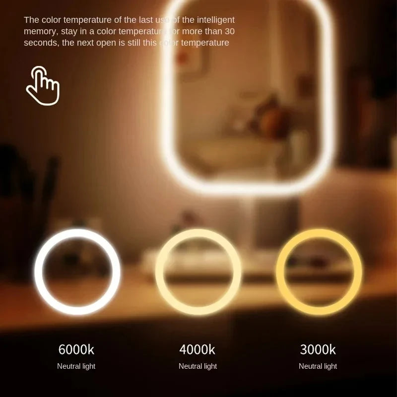 Doublechin LED makeup mirror with touch control, three adjustable light tones, white finish, ideal for vanity and home decor.