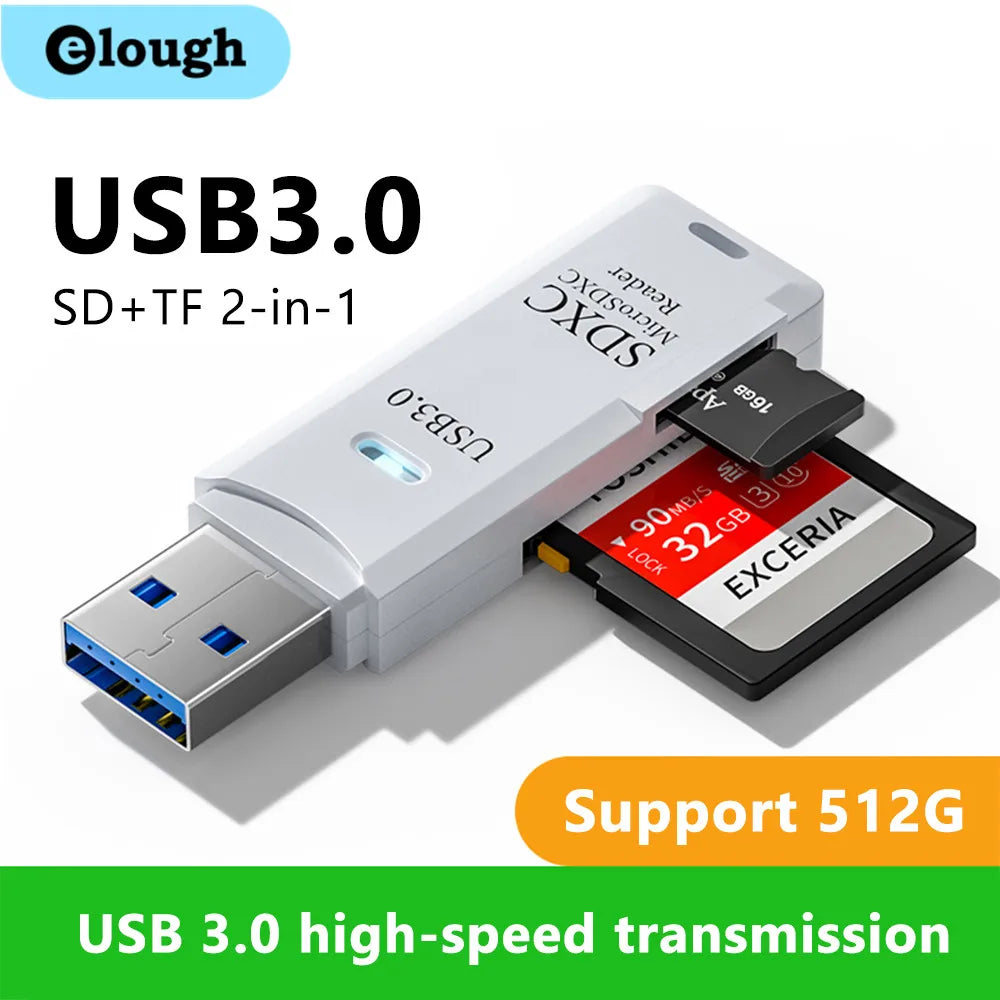 Elough USB 3.0 2 en 1 lector de tarjetas SD y Micro TF en blanco, alta velocidad para transferencia de datos.