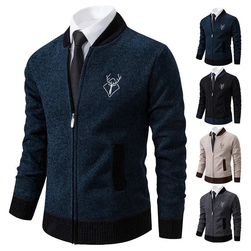 Dark grey men's chenilla cardigan by ENWEIGE, warm winter men's jacket with soft knit fabric, ideal for cold weather.