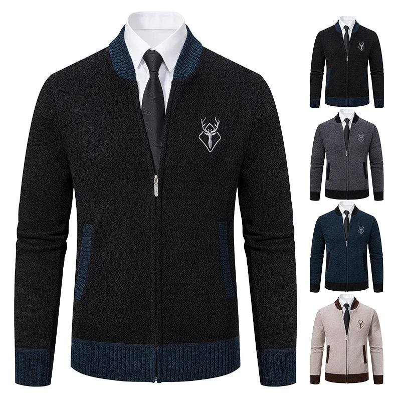 Dark grey ENWEIGE men's chenille cardigan, warm knitted winter jacket with cozy texture and classic design.