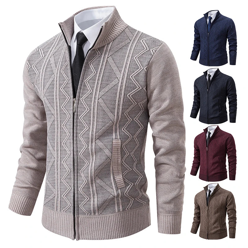 Dark grey men's thick knit cardigan by FAVOCENT with a raised collar, ideal for winter, featuring a cozy and stylish design.