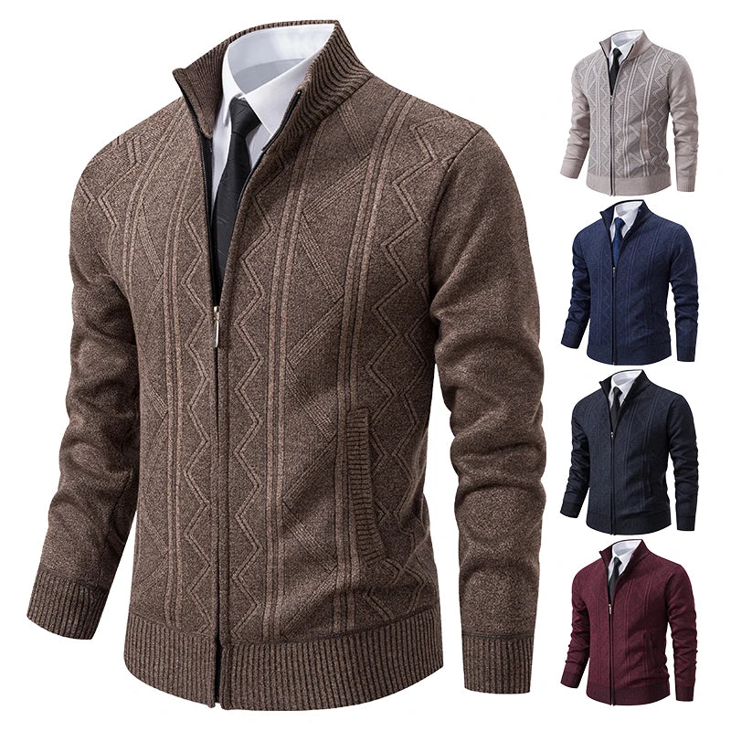 Dark grey men's FAVOCENT chunky knit cardigan with raised collar, suitable for winter, made of thick, warm wool blend fabric.