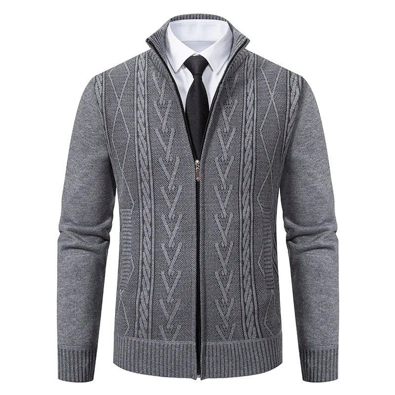 Dark grey men's FAVOCENT chunky knit cardigan with a raised collar, ideal for winter, featuring a thick textured fabric.