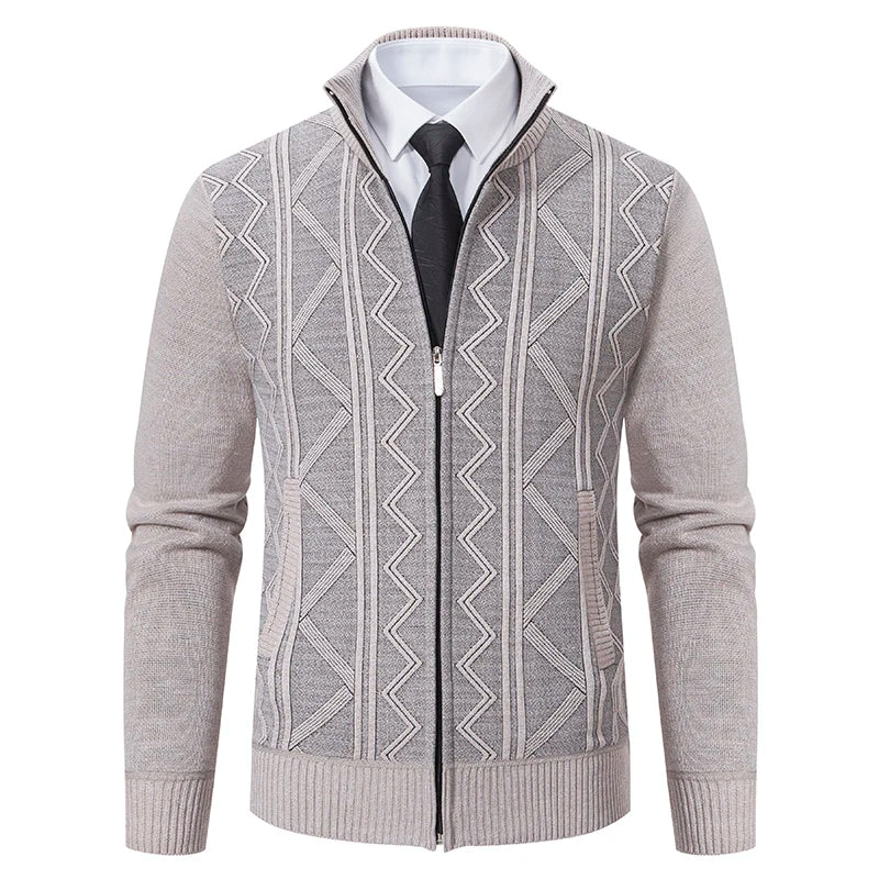 Dark grey men's chunky knit cardigan by FAVOCENT with a raised collar, ideal for winter, part of the men's winter coat collection.