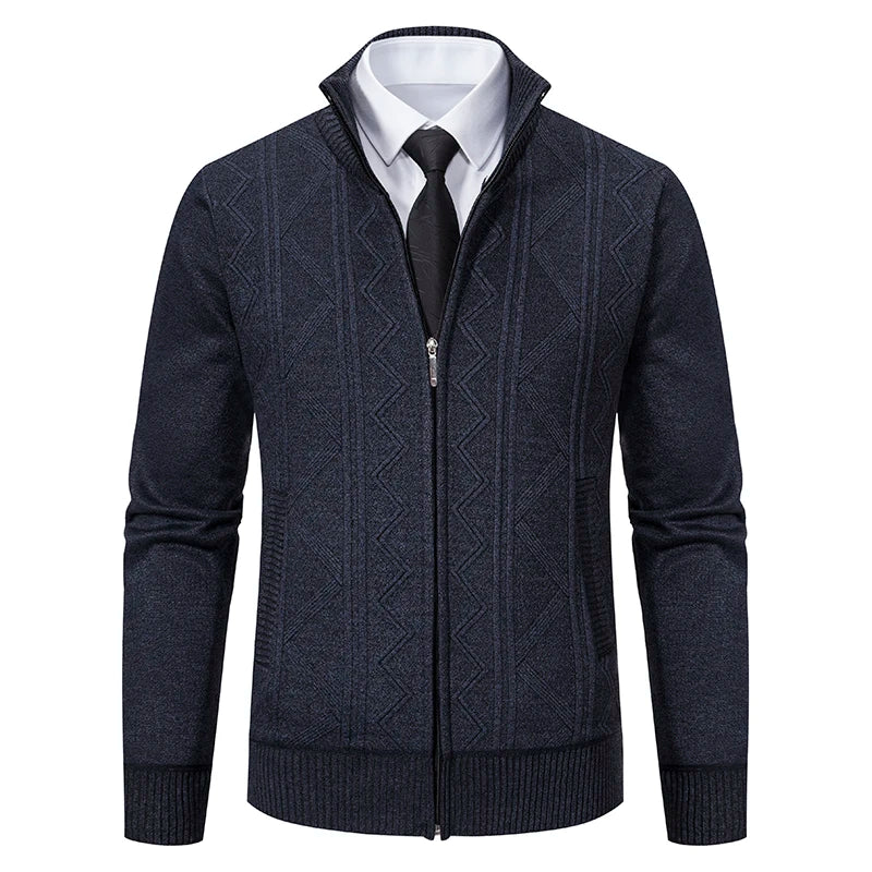 Dark grey men's chunky knit cardigan by FAVOCENT with a raised collar, suitable for winter, styled as a warm casual outerwear piece.