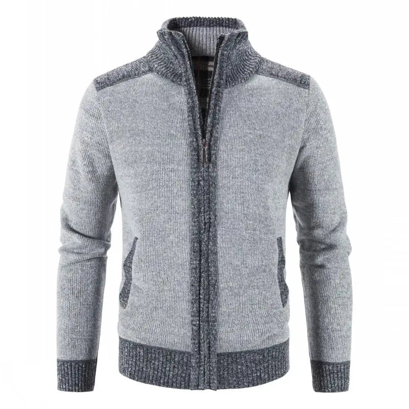 FAVOCENT men's patchwork cardigan with high collar, thick warm fabric, in brown, stylish and cozy for cold weather.