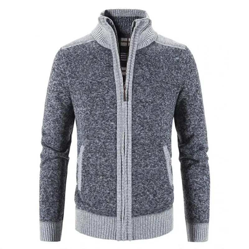 Thick patchwork men's cardigan by FAVOCENT with a high collar, warm and cozy, in a rich cafe color, ideal for cold weather.