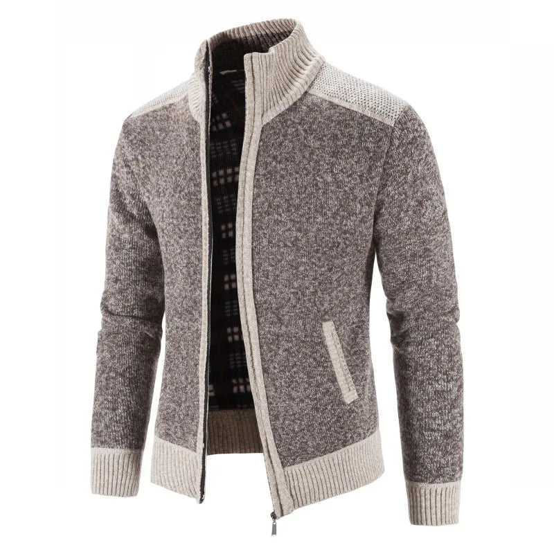 FAVOCENT men's patchwork cardigan with high collar, thick warm fabric, in earthy tones, suitable for cold weather.