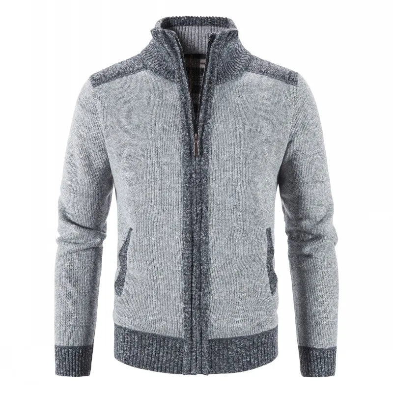 Men's patchwork cardigan by FAVOCENT with high collar, thick warm fabric, in a cozy earthy tone, perfect for cold weather.