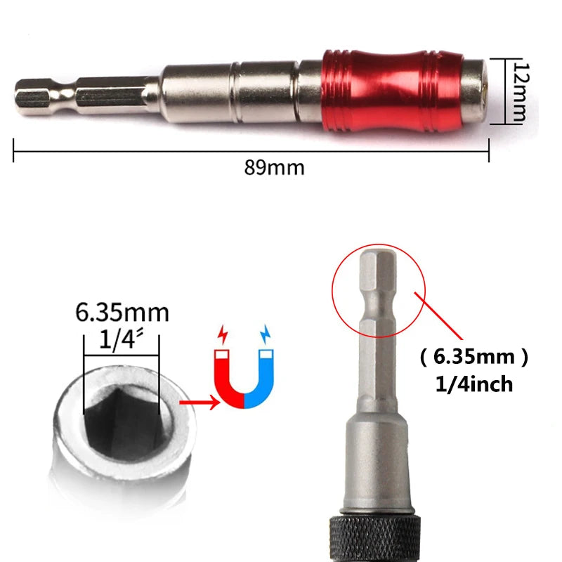 Fbiannely magnetic hexagonal screwdriver bits with quick extension, 1/4 inch size, in red and black for manual tools.