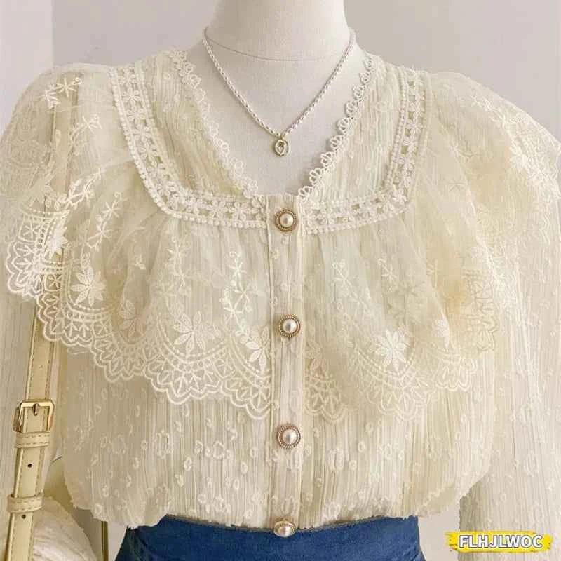 Elegant white blouse with ruffled details, long sleeves, suitable for office wear, by FLHJLWOC.