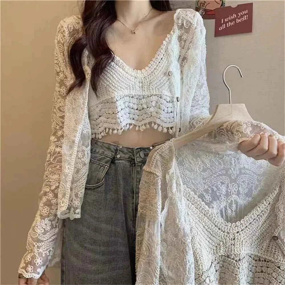 Flubiflous white lace cardigan with long sleeves, lightweight and elegant, perfect for spring-summer fashion.