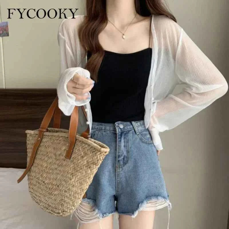 Pink FYCOOKY women's gauze cardigan, lightweight summer cover-up with elegant design and sun protection, perfect for warm weather.