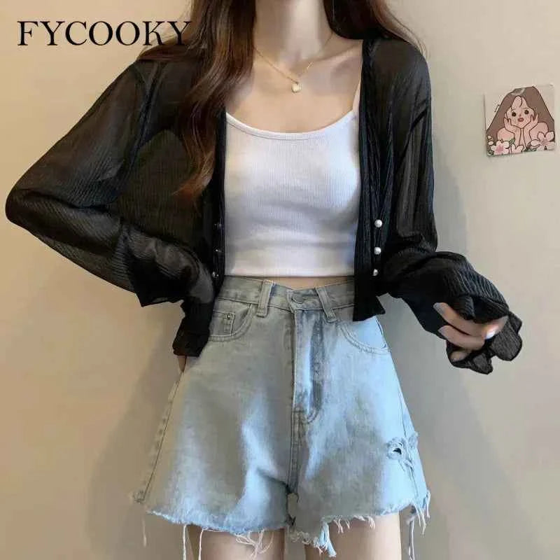Pink FYCOOKY women's gasa cardigan, lightweight summer clothing with elegant design and sun protection, ideal for warm weather.
