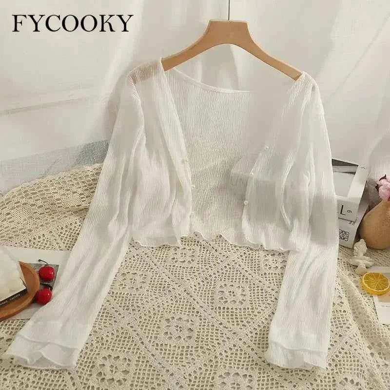 Pink women's FYCOOKY chiffon cardigan with lightweight fabric, ideal for summer elegance and sun protection.