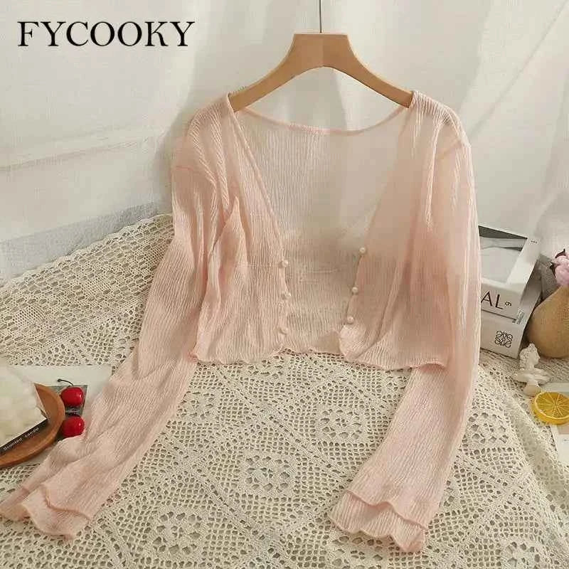 Pink FYCOOKY women's gauze cardigan, lightweight and elegant, ideal for summer sun protection and stylish layering.