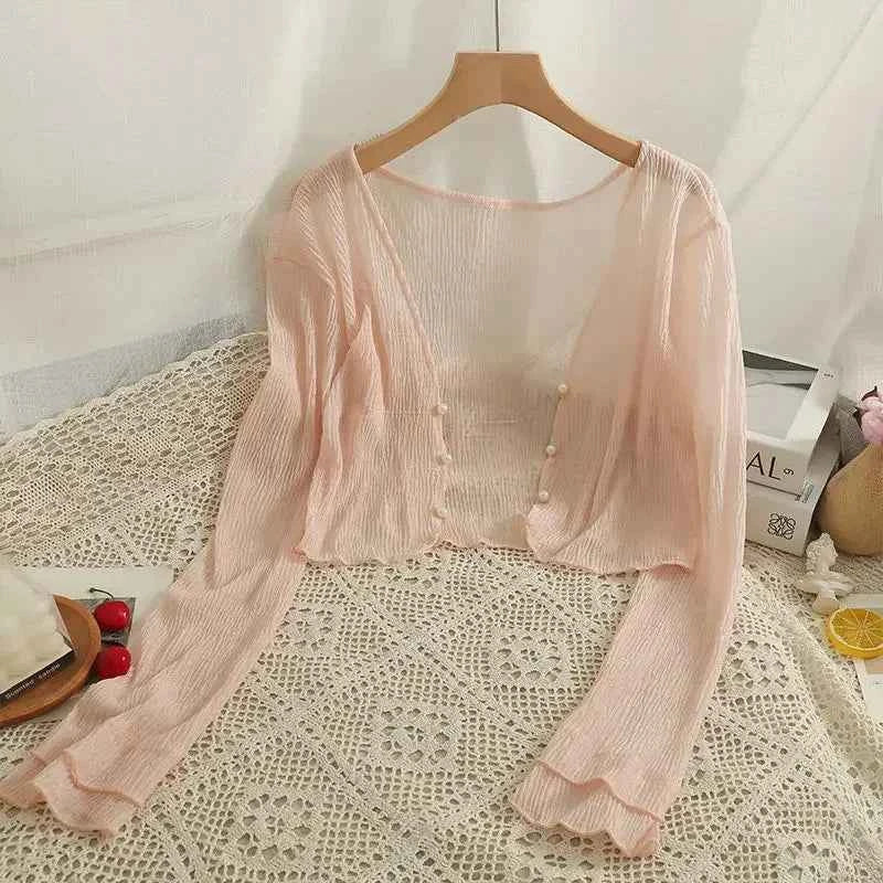 Pink FYCOOKY women's gauze cardigan, lightweight summer cover-up with elegant design and sun protection, ideal for warm weather.