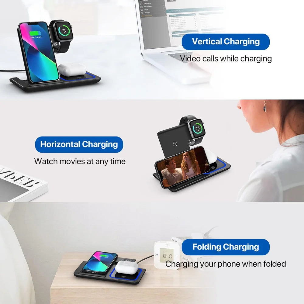 GEKEMAL 3-in-1 wireless charger for iPhone, iWatch, AirPods, 15W fast charging, black with cable, electronic accessories.