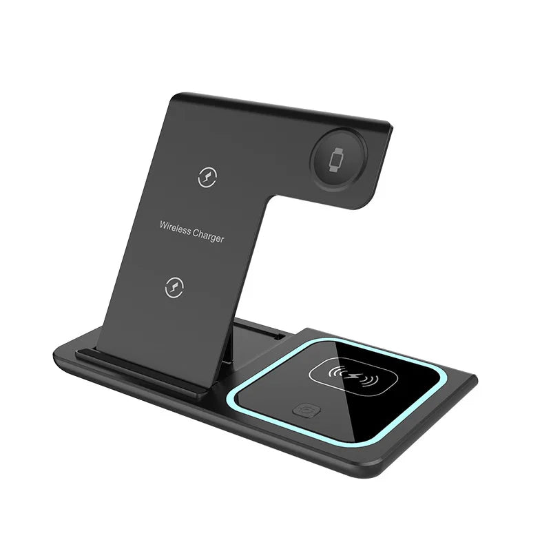 GEKEMAL 3-in-1 wireless charger for iPhone, iWatch, and AirPods, black with cable, 15W fast charging, electronic accessories.