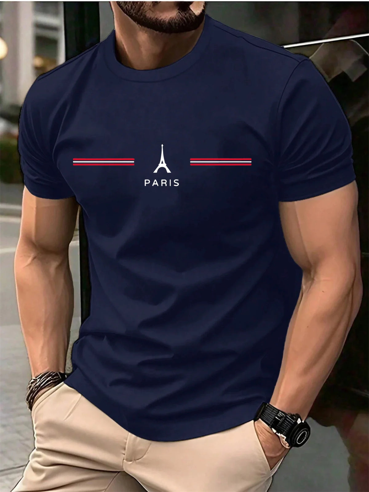 GUILAN men's oversized white cotton T-shirt with round neck, casual Paris-inspired design, perfect for everyday wear.