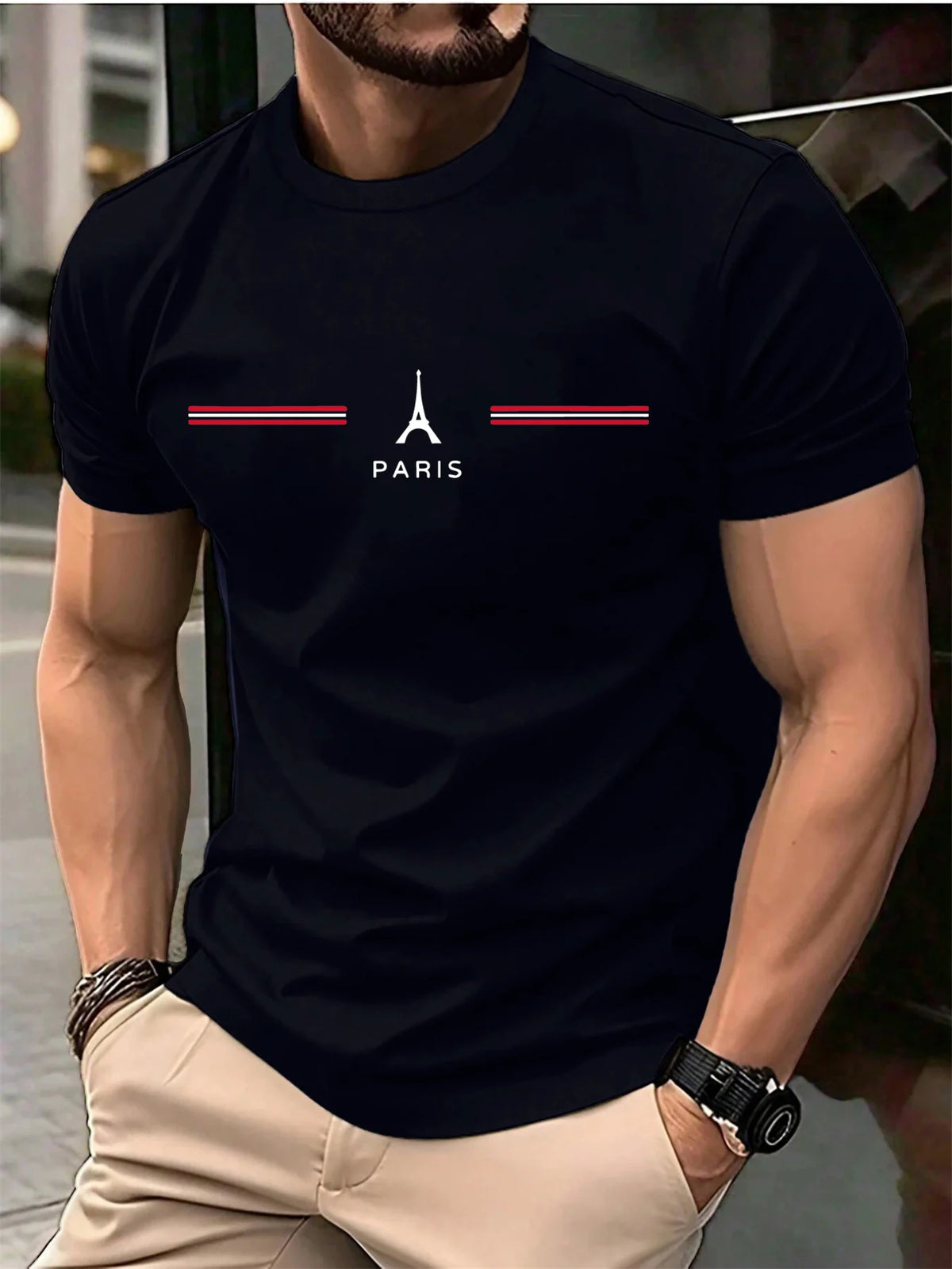 GUILAN Paris cotton men's oversized casual T-shirt with round neckline, laid flat showing soft fabric and relaxed fit.