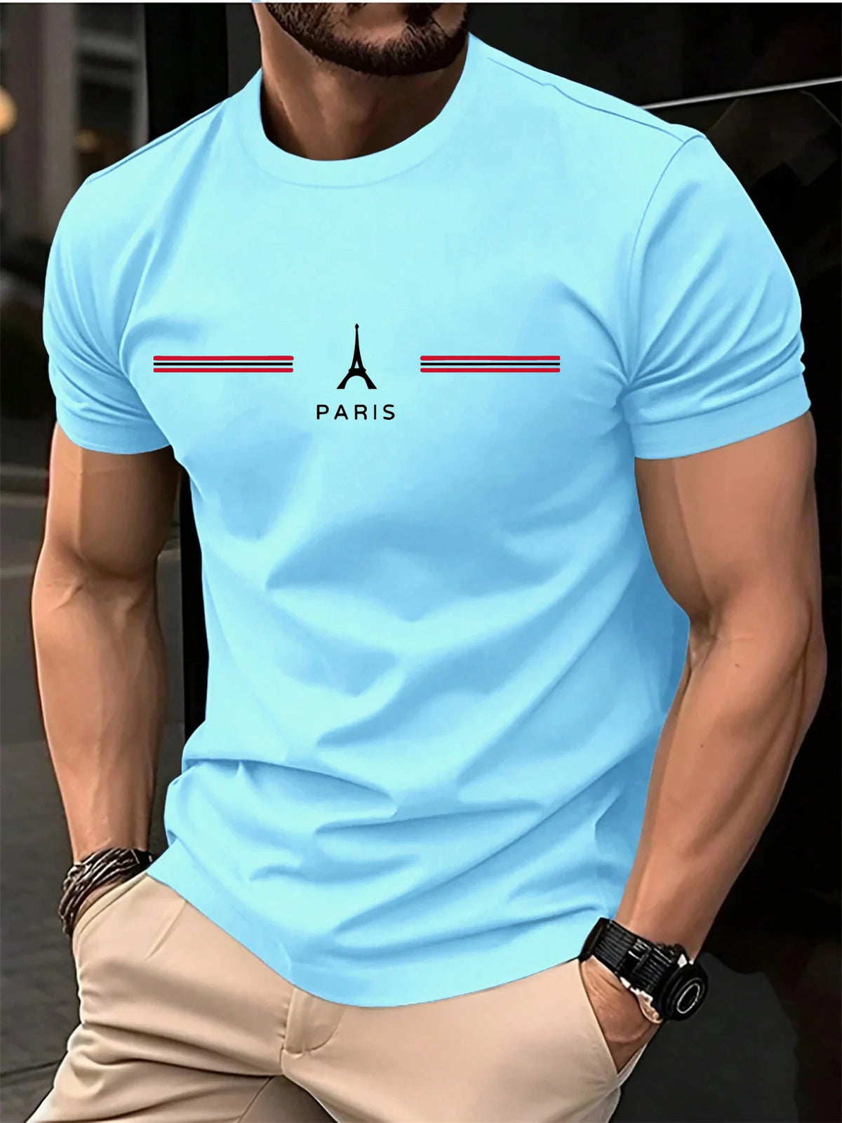 GUILAN men's Paris cotton T-shirt with round neck in oversize casual style, shown in a relaxed fit on a model.